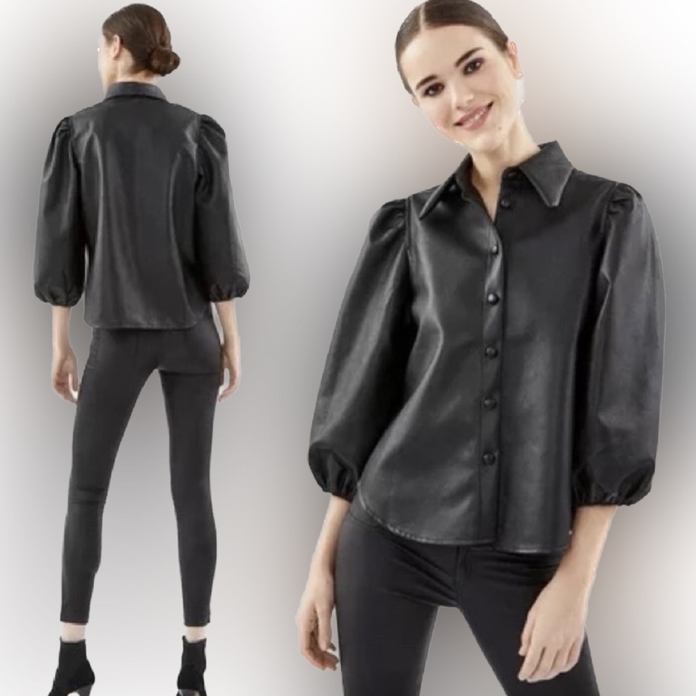ZARA Black Puffed Sleeve Faux Leather Shirt Blouse